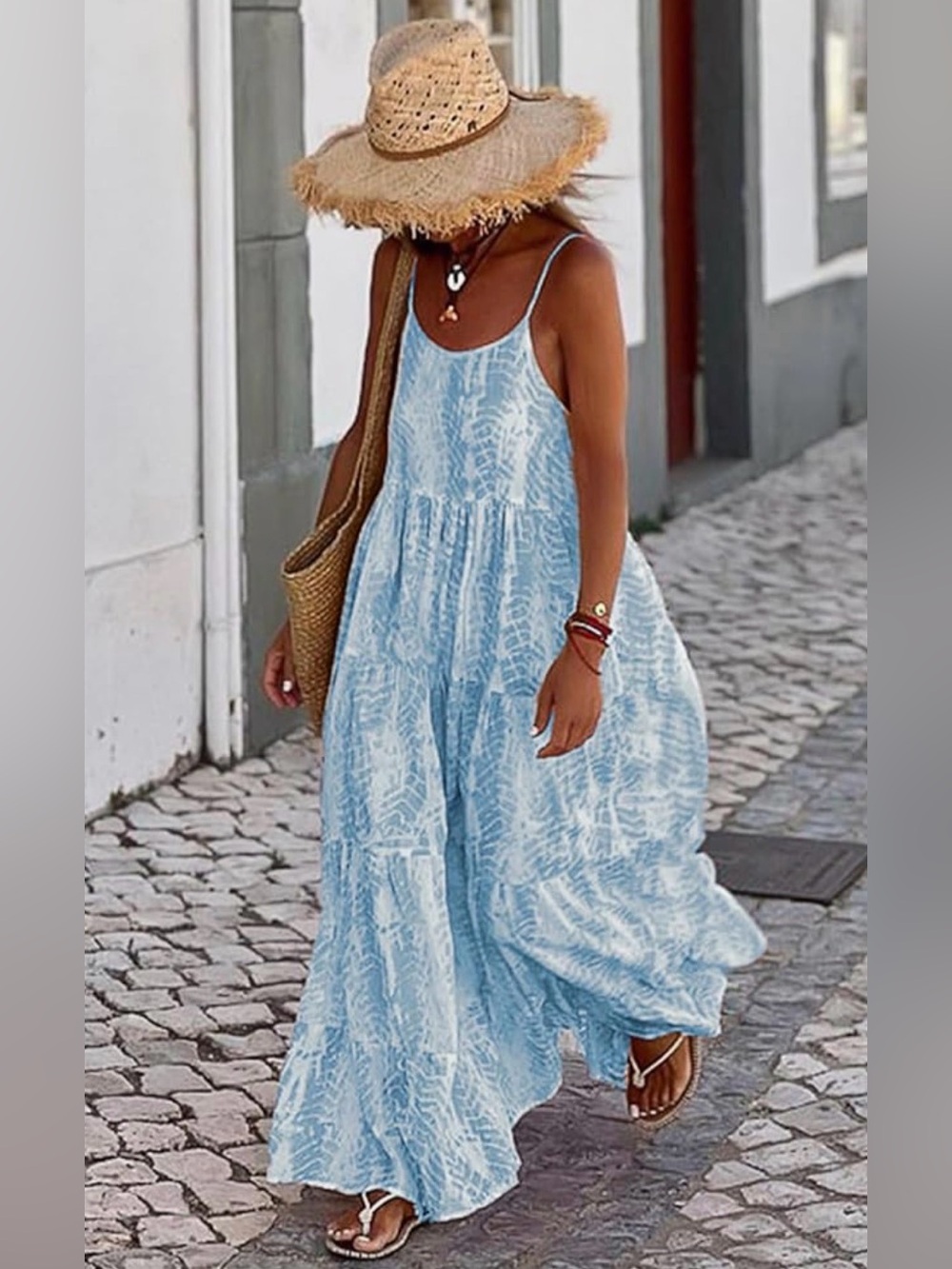 NWT Soft Blue & White Printed Spaghetti-Strap Midi Dress w Pockets Boho, Small